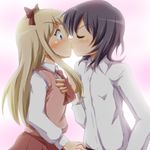  backlighting black_hair blonde_hair blue_eyes bow casual closed_eyes funami_yui hair_bow kiss long_hair multiple_girls necktie shishinon surprise_kiss surprised toshinou_kyouko yuri yuru_yuri 