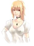  blonde_hair breasts choker cleavage covered_navel covered_nipples cross cross_necklace elbow_gloves gloves hand_on_hip highres inverted_cross jewelry long_hair medium_breasts mimo_(mimoii) necklace no_bra original ponytail puffy_short_sleeves puffy_sleeves red_eyes short_sleeves solo white_gloves 