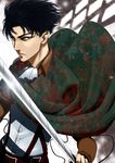  absurdres black_eyes black_hair highres levi_(shingeki_no_kyojin) male_focus paradis_military_uniform shingeki_no_kyojin solo sword teiger three-dimensional_maneuver_gear weapon wire 