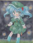  blue_hair boots cattail dress grass green_dress green_eyes hat kawashiro_nitori plant rie_(ae10171) shikishi smile solo touhou traditional_media two_side_up 