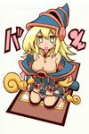  bare_shoulders blonde_hair blush_stickers breasts card cleavage condom condom_in_mouth dark_magician_girl duel_monster green_eyes hat kneeling large_breasts long_hair mouth_hold solo wand yamagami_tadashi yuu-gi-ou yuu-gi-ou_duel_monsters 
