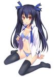  black_hair black_legwear blue_bra blue_panties blush bra breasts cleavage dress_shirt hair_ribbon long_hair looking_at_viewer medium_breasts navel neptune_(series) noire open_clothes open_mouth open_shirt panties red_eyes ribbon shirt sitting solo terras thighhighs twintails underwear wariza 