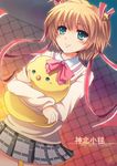  akayashi bird blonde_hair bow chick green_eyes kamikita_komari little_busters! pink_bow school_uniform short_hair stuffed_toy 