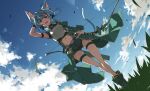  1girl animal_ears armor blue_eyes blue_hair blue_sky bow_(weapon) breastplate breasts cat_ears cat_girl cat_tail cloud day glass hair_between_eyes hair_ribbon highres holding holding_bow_(weapon) holding_weapon looking_at_viewer navel outdoors ribbon shikei short_hair short_hair_with_long_locks shorts sidelocks sinon sinon_(sao-alo) sky slit_pupils solo sword_art_online tail weapon 