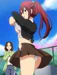  amakata_miho blush breasts brown_eyes brown_hair building day fence free! hair_ornament hands_together highres lifted_by_self long_hair matsuoka_gou medium_breasts multiple_girls no_bra open_mouth outdoors panties pants ponytail red_eyes red_hair school_uniform shirt_lift short_hair skirt skyscraper umakatsuhai underboob underwear undressing white_panties 