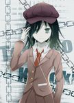  1girl bags_under_eyes beats_by_dr._dre black_hair blazer cabbie_hat cable chain flat_chest green_eyes hat headphones highres jacket kuroki_tomoko long_hair necktie school_uniform skirt solo watashi_ga_motenai_no_wa_dou_kangaetemo_omaera_ga_warui! 