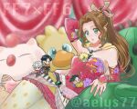  1girl 4boys :o aelys77 aerith_gainsborough_(terra&#039;s_garb) angeal_hewley_(cyan&#039;s_attire) black_hair blonde_hair blue_eyes blush brown_hair cape character_doll chibi chibi_on_breast chocobo cloud_strife_(locke&#039;s_outfit) cosplay cyan_garamonde cyan_garamonde_(cosplay) dress earrings edgar_roni_figaro edgar_roni_figaro_(cosplay) final_fantasy final_fantasy_vi final_fantasy_vii final_fantasy_vii_ever_crisis gau gau_(cosplay) grey_hair hair_ribbon holding jewelry locke_cole locke_cole_(cosplay) long_hair moogle multiple_boys official_alternate_costume pantyhose polka_dot polka_dot_legwear ponytail print_pantyhose red_sleeves ribbon sabotender sash sephiroth sephiroth_(edgar&#039;s_attire) sephiroth_(ever_crisis) strapless strapless_dress stuffed_animal stuffed_toy terra_branford terra_branford_(cosplay) tube_dress twitter_username waist_sash yellow_cape zack_fair 