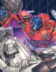  arm_cannon artist_collaboration autobot blue_eyes commission decepticon english_commentary fighting glowing glowing_eyes gun holding holding_gun holding_weapon kieran_oats mecha mecha_focus megatron no_humans open_mouth optimus_prime red_eyes rex-203 robot science_fiction transformers transformers:_generation_1 weapon 