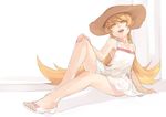  bakemonogatari blonde_hair dafei dress fangs hand_on_own_knee hat legs long_hair long_legs monogatari_(series) open_mouth oshino_shinobu sandals simple_background sitting smile solo sun_hat teeth white_dress yellow_eyes 