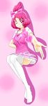  amida_desuyo bow dokidoki!_precure heart highres one_eye_closed outstretched_arm personification pink_background pink_bow pink_eyes pink_hair precure shadow sharuru_(dokidoki!_precure) sharuru_(dokidoki!_precure)_(human) short_hair sitting smile solo 