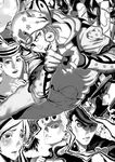  6+boys absurdres battle_tendency diamond_wa_kudakenai family giorno_giovanna greyscale hat higashikata_jousuke higashikata_jousuke_(jojolion) highres johnny_joestar jojo_no_kimyou_na_bouken jojolion jonathan_joestar joseph_joestar_(young) kuujou_jolyne kuujou_joutarou monochrome multiple_boys phantom_blood pointing stardust_crusaders steel_ball_run stone_ocean teiger vento_aureo 