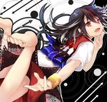  barefoot black_hair bracelet dress efe fang horns jewelry kijin_seija long_hair looking_at_viewer multicolored_hair open_mouth red_eyes red_hair revision short_sleeves smile solo streaked_hair touhou two-tone_hair white_dress 