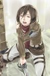  black_hair blood boots crying emblem grey_eyes jacket long_sleeves mikasa_ackerman open_mouth pants paradis_military_uniform rain rinda scarf shingeki_no_kyojin short_hair solo survey_corps_(emblem) sword tears teeth thigh_strap weapon 