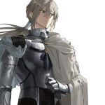  1boy armor bedivere_(fate) breastplate cape closed_mouth commentary_request fate/grand_order fate_(series) gauntlets green_eyes grey_cape grey_hair hair_between_eyes hair_tubes highres knight korean_commentary long_hair looking_to_the_side male_focus ponytail potato_goril simple_background solo white_background 