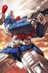  artist_collaboration blue_eyes cloud comic_cover cover_image english_commentary from_below glowing glowing_eyes gun holding holding_gun holding_weapon kieran_oats mecha mecha_focus no_humans official_art rex-203 robot science_fiction sky solo the_transformers_(idw) transformers ultra_magnus weapon 
