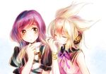  blonde_hair bracelet closed_eyes earmuffs gradient_hair hijiri_byakuren jewelry long_hair makuwauri multicolored_hair multiple_girls purple_hair ribbon short_hair simple_background smelling_hair touhou toyosatomimi_no_miko upper_body white_background yellow_eyes 