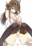  ahoge bad_id bad_pixiv_id banned_artist bare_shoulders blush breasts brown_hair cleavage detached_sleeves hair_ornament hairband headgear japanese_clothes kantai_collection kitsuneko_azarashi kongou_(kantai_collection) long_hair looking_at_viewer medium_breasts open_mouth panties sexually_suggestive shirt_tug sitting skirt skirt_lift smile solo thighhighs underwear wide_sleeves 