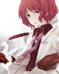  bad_id bad_pixiv_id horikawa_raiko mitsudomoe_(shape) necktie nishigyou_teraa purple_neckwear red_eyes red_hair short_hair smile solo tomoe_(symbol) touhou 