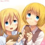  1girl :d armin_arlert blonde_hair blue_eyes blush bread christa_renz food heart long_hair long_sleeves marimo_danshaku open_mouth shingeki_no_kyojin short_hair smile vest 