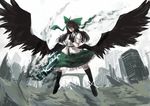  :| alternate_weapon arm_cannon bird_wings black_legwear black_wings blank_stare boots brown_hair cape closed_mouth full_body gloves green_skirt highres kirisame_tarou long_hair red_eyes reiuji_utsuho shirt simple_background skirt solo touhou weapon white_shirt wings 