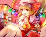 ascot blonde_hair blush cake candy caramel checkerboard_cookie cookie couch crystal eating fangs flandre_scarlet food fork fruit hat i_wanna mob_cap open_mouth pot puffy_short_sleeves puffy_sleeves red_eyes ribbon short_hair short_sleeves side_ponytail sitting skirt smile solo strawberry touhou vest wings 