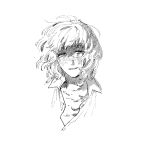  1girl absurdres blush collared_shirt commentary_request dungeon_meshi falin_touden falin_touden_(tallman) feathers gksrnrdmlaksu greyscale half-closed_eyes highres korean_commentary looking_at_viewer monochrome parted_lips shirt short_hair smile solo 