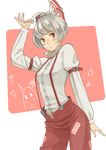  ahoge alternate_hair_length alternate_hairstyle arm_belt bad_id bad_pixiv_id blush bow dress_shirt fujiwara_no_mokou hair_bow heart p_no_hito pants red_eyes shirt short_hair silver_hair solo suspenders touhou 