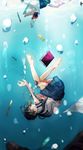  barefoot black_hair blue_eyes book bubble candy digital_media_player earphones earphones_removed food highres long_hair original pen reaching school_uniform serafuku solo underwater wet wet_clothes yuuuuri 