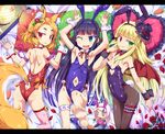 ;d animal_ears armpits arms_up ass ass_cutout bare_shoulders barefoot bell black_hair black_legwear blonde_hair blush bow bowtie breasts bunny_ears bunny_girl bunny_tail bunnysuit butt_crack carrot character_doll cleavage cleavage_cutout covered_navel demon_wings detached_collar fake_animal_ears fang feet flat_chest flower fox_ears fox_tail green_eyes hat heart_cutout heterochromia jingle_bell leg_garter letterboxed long_hair lying mini_hat mini_top_hat multiple_girls navel navel_cutout on_back one_eye_closed open_mouth orange_hair original pantyhose petals pink_legwear red_eyes rose sharp_teeth short_hair small_breasts smile tail teeth thighhighs top_hat toraishi_666 wings wrist_cuffs 