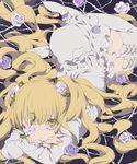  blonde_hair boots crossed_arms dress eyepatch flower grin kirakishou long_hair looking_at_viewer lying mochida64 open_mouth rose rozen_maiden smile solo thigh_boots thighhighs thorns two_side_up yellow_eyes 