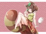  animal_ears barefoot bottle brown_eyes brown_hair dress futatsuiwa_mamizou glasses leaf leaf_on_head looking_at_viewer raccoon_ears raccoon_tail sake_bottle solo tail touhou yuuki_(yuyuki000) 