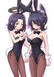  2girls animal_ears arm armpits arms artist_request bare_shoulders black_hair blush bow bowtie breasts bunny_ears bunny_girl bunny_tail bunnysuit cleavage detached_collar eyepatch fake_animal_ears female hair_between_eyes half-closed_eyes headgear kantai_collection large_breasts leotard looking_at_another mechanical_halo multiple_girls naughty_face open_mouth pantyhose personification purple_eyes purple_hair serious short_hair smile standing tail tatsuta_(kantai_collection) tenryuu_(kantai_collection) wrist_cuffs yellow_eyes yuri 