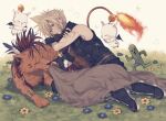  234_(1234!) 3boys biceps black_fur black_shirt blanket blonde_hair cactus cait_sith_(final_fantasy) cat_boy cloud_strife crown feather_hair_ornament feathers fiery_tail final_fantasy final_fantasy_vii fingerless_gloves flower flying furry furry_male gloves grass hair_ornament looking_at_viewer lying male_focus mane moogle multiple_boys on_grass on_side red_fur red_hair red_scarf red_xiii sabotender scar scar_across_eye scarf shirt sleeping sparkle spiked_hair tail white_fur 