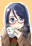  :o blue_eyes blue_hair blush coat cup glasses long_hair looking_at_viewer original plaid plaid_scarf red-framed_eyewear scarf solo takebi teacup upper_body 