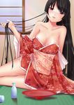  absurdres bare_shoulders black_hair blush breasts brown_eyes cleavage collarbone cup head_tilt highres holding holding_hair houraisan_kaguya japanese_clothes kimono large_breasts long_hair off_shoulder open_mouth red_kimono sakazuki short_kimono short_yukata sitting solo tatami tokkuri touhou tsugaru_(co-walker) very_long_hair yokozuwari yukata 