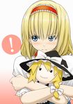  1girl :t alice_margatroid blonde_hair blue_eyes blush character_doll doll doll_hug hairband hat kirisame_marisa kuro_oolong pout short_hair solo spoken_exclamation_mark touhou upper_body witch_hat 