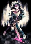  arm_warmers blood chainsaw checkered checkered_floor danganronpa ear_piercing gloves long_hair mioda_ibuki mismatched_legwear multicolored_hair open_mouth piercing pink_eyes school_uniform serafuku single_glove smile solo super_danganronpa_2 thighhighs torn_clothes torn_legwear yumeno_yume 