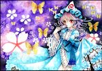  breasts bug butterfly dress fan flower hat insect japanese_clothes long_sleeves looking_at_viewer mob_cap mosho obi pink_hair red_eyes ribbon saigyouji_yuyuko sash short_hair small_breasts smile touhou traditional_media triangular_headpiece watercolor_(medium) wide_sleeves 