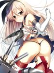  anchor ass bad_id bad_pixiv_id black_panties blonde_hair blush brown_eyes elbow_gloves gloves hair_ornament hairband highres kantai_collection long_hair looking_at_viewer navel panties rensouhou-chan shimakaze_(kantai_collection) skirt solo striped striped_legwear thighhighs thong underwear white_gloves yoruneko 