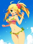  ;d alternate_hairstyle ass_visible_through_thighs bikini blonde_hair blush breasts cloud cloudy_sky cowboy_shot day flower frilled_bikini frills green_eyes hahifuhe hair_flower hair_ornament hibiscus highres hoshii_miki idolmaster idolmaster_(classic) long_hair looking_at_viewer medium_breasts one_eye_closed open_mouth side_ponytail sky smile solo swimsuit thigh_gap 