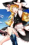  blonde_hair boots broom broom_riding hat hat_ribbon highres kirisame_marisa long_hair one_eye_closed ribbon sky solo touhou tsugaru_(co-walker) witch_hat yellow_eyes 