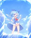  blue_eyes blue_hair cirno day fang hair_ribbon hand_on_hip ice looking_at_viewer magic open_mouth panties pantyshot ribbon short_hair sky solo touhou underwear wings yuuki_(yuyuki000) 