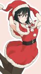  1girl alternate_costume arms_up belt black_belt black_hair blush border brown_eyes capelet christmas closed_mouth commentary cowboy_shot dress fang fur_trim gloves hair_between_eyes hat highres love_live! love_live!_nijigasaki_high_school_idol_club mifune_shioriko pantyhose pink_background poizun_(user_wmgk4287) red_capelet red_dress red_gloves santa_costume santa_hat short_hair simple_background smile solo white_border 
