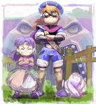  1girl closed_eyes crossed_arms friends goggles grandia grandia_i grin justin_(grandia) kousaku layered_sleeves smile standing sue_(grandia) 