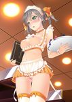  anal_beads apron areolae bangs blush bow bow_legwear breastless_clothes breasts ceiling ceiling_light censored choker crotchless_panties fingernails frills from_below green_eyes grey_hair hair_between_eyes hair_bow highres indoors lace-trimmed_apron lace-trimmed_choker lace_trim medium_breasts menu midriff miniskirt mosaic_censoring murakami_suigun navel nipples panties parted_lips pleated_skirt pussy remote_control_vibrator sex_toy short_twintails skirt solo sweat tareme tears torogao twintails underwear vibrator waitress white_legwear 