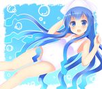  bad_id bad_pixiv_id blue_background blue_eyes blue_hair blush gradient_hair hat ikamusume kurono_nekomaru long_hair looking_at_viewer multicolored_hair one-piece_swimsuit open_mouth shinryaku!_ikamusume solo swimsuit tentacle_hair white_swimsuit 