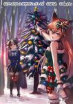  2girls animal_ears bare_shoulders black_choker black_thighhighs blue_skirt blue_sweater bow bowtie breath brown_eyes brown_footwear brown_fur brown_gloves brown_hair brown_pantyhose choker christmas christmas_tree dress ezo_red_fox_(kemono_friends) frilled_dress frilled_thighhighs frills fur_collar fur_trim glove_bow gloves gradient_pantyhose green_dress hair_between_eyes hair_bow hair_ornament kemono_friends kemono_friends_3 loafers long_hair long_sleeves looking_at_viewer looking_back multicolored_hair multiple_girls official_alternate_costume official_art open_mouth orange_hair pantyhose pleated_skirt pointing raccoon_ears raccoon_girl raccoon_tail red_bow sailor_collar school_uniform serafuku shoes short_hair sidelocks skirt sleeveless smile snow star_(symbol) star_hair_ornament sweater tadano_magu tail tanuki_(kemono_friends) thighhighs two-tone_hair white_bow white_bowtie white_gloves white_hair zettai_ryouiki 