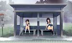  2girls arm_support bag bus_stop chin_rest green_eyes highres multiple_girls original school_uniform shino_satoru sitting umbrella 