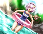  :d ass_visible_through_thighs blush dutch_angle eyeball forest hairband hat heart innertube komeiji_satori name_tag nature one-piece_swimsuit open_mouth pink_eyes pink_hair rock school_swimsuit short_hair smile solo swimsuit third_eye touhou tree wading water zan_(harukahime) 