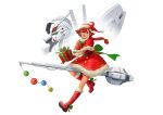  1girl blue_eyes bow capelet christmas_ornaments commentary dress english_commentary fur-trimmed_dress fur_trim gift gloves gundam gundam_calibarn gundam_suisei_no_majo haonfest highres mecha mobile_suit red_bow red_capelet red_gloves red_hair robot santa_dress science_fiction solo suletta_mercury white_background 
